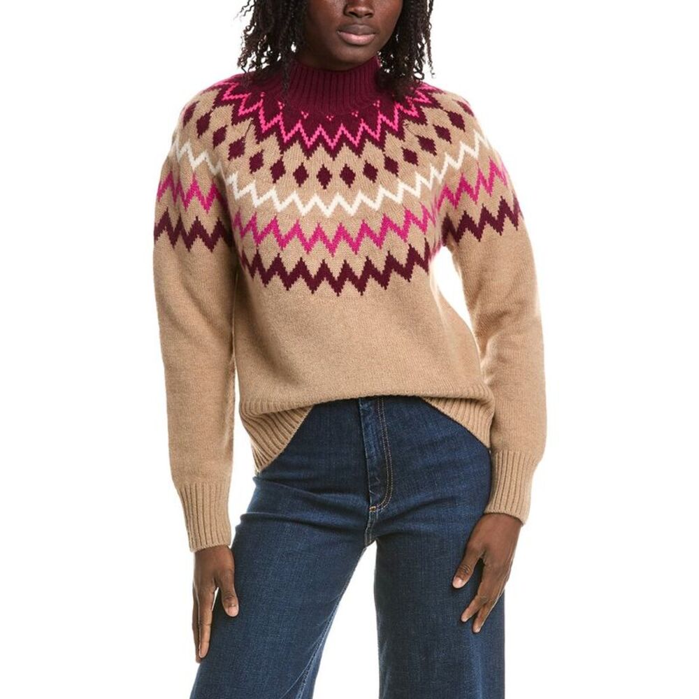 &Isla Womens  Sara Oversized Fairisle Mock Neck 100% Cashmere Sweater, Brown